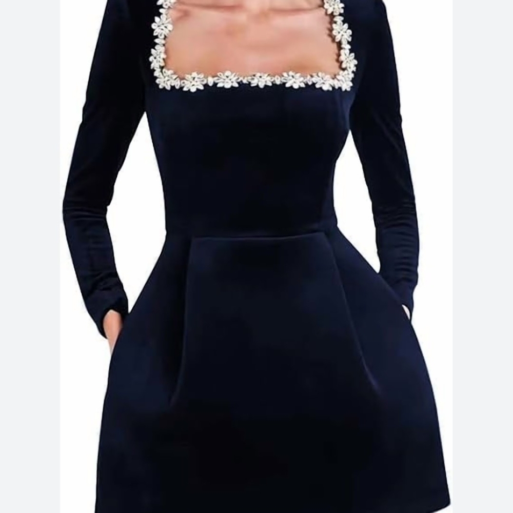 Amazon Black Velvet Dress with White Floral Detail